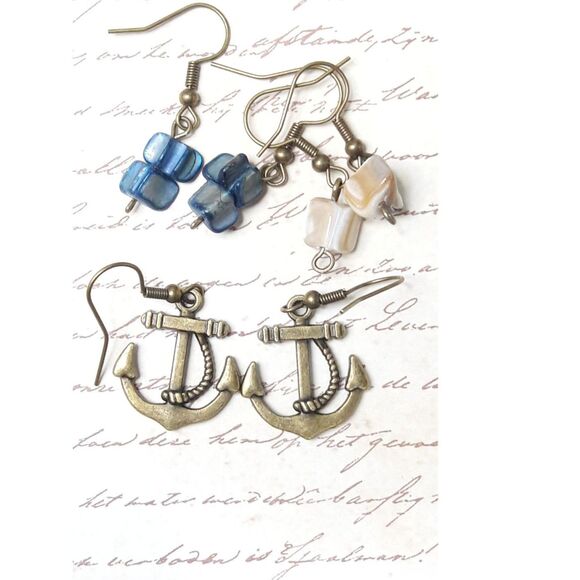artisan earrings 217#mfs MOP navy dangle earrings nautical Anchor charm earrings - Picture 1 of 6